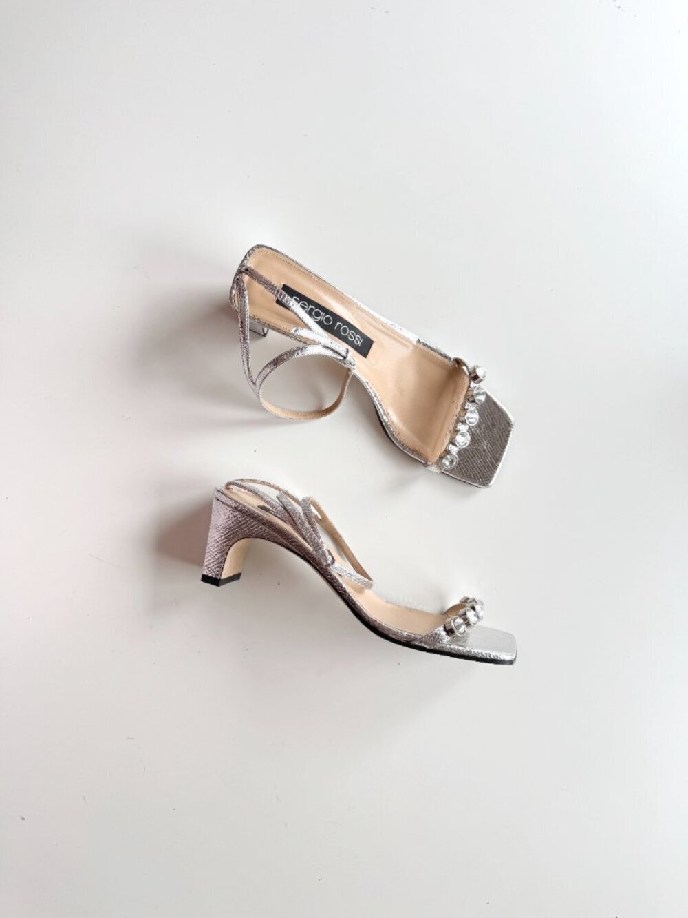 SERGIO ROSSI SR1 Silver Snake Leather Crystal Studded Block Sandals, Size 40.5